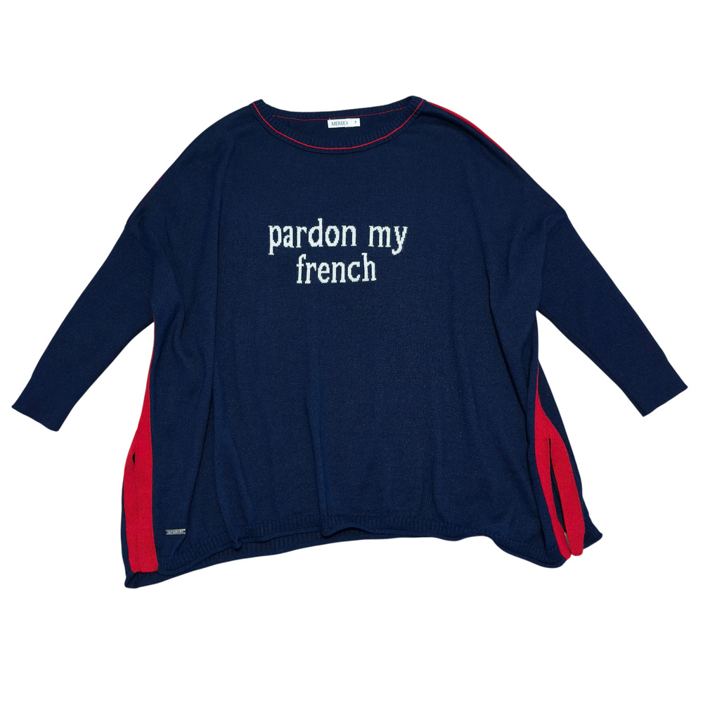Mer Sea Catalina Sweater Womens P US 4/6 Navy Red Pardon My French Boxy Pullover